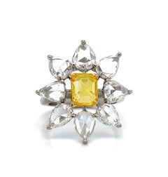 Fancy Vivid Yellow Radiant-Cut Diamond and White Diamond Flower Ring GIA Cert.