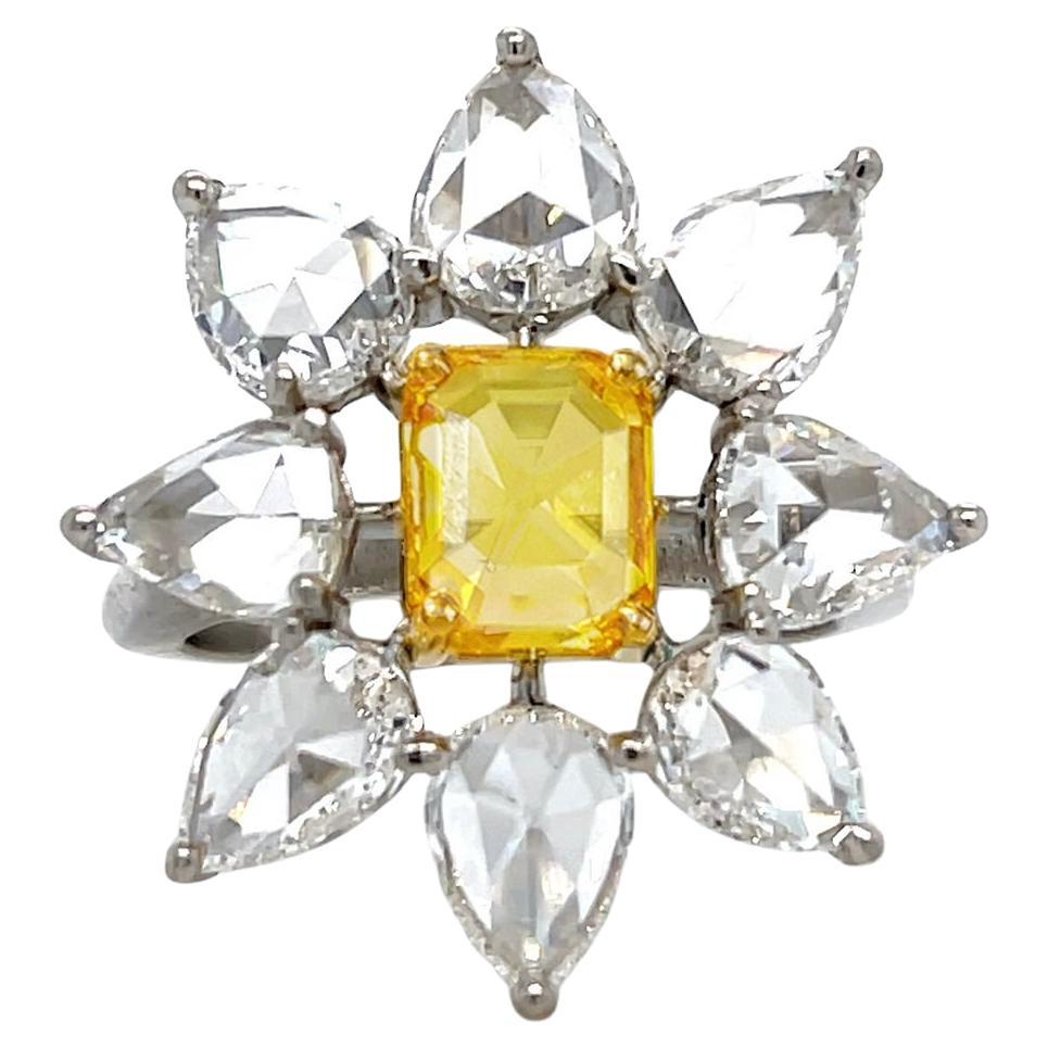 Fancy Vivid Yellow Radiant-Cut Diamond and White Diamond Flower Ring GIA Cert.