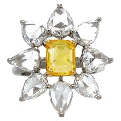 Fancy Vivid Yellow Radiant-Cut Diamond and White Diamond Flower Ring GIA Cert.