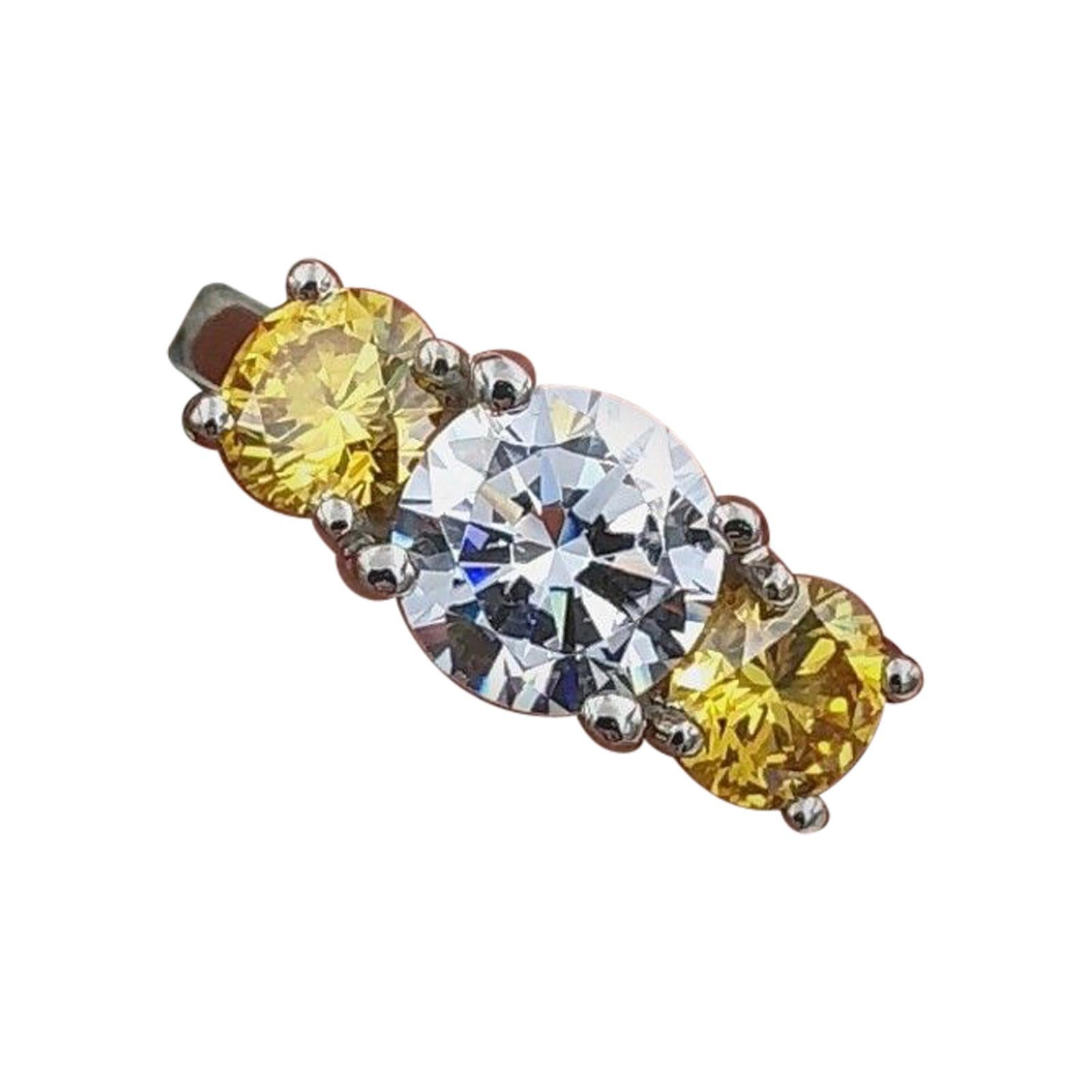 Fancy Vivid Yellow Round Diamonds 3-Stone Semi Mount Engagement Ring