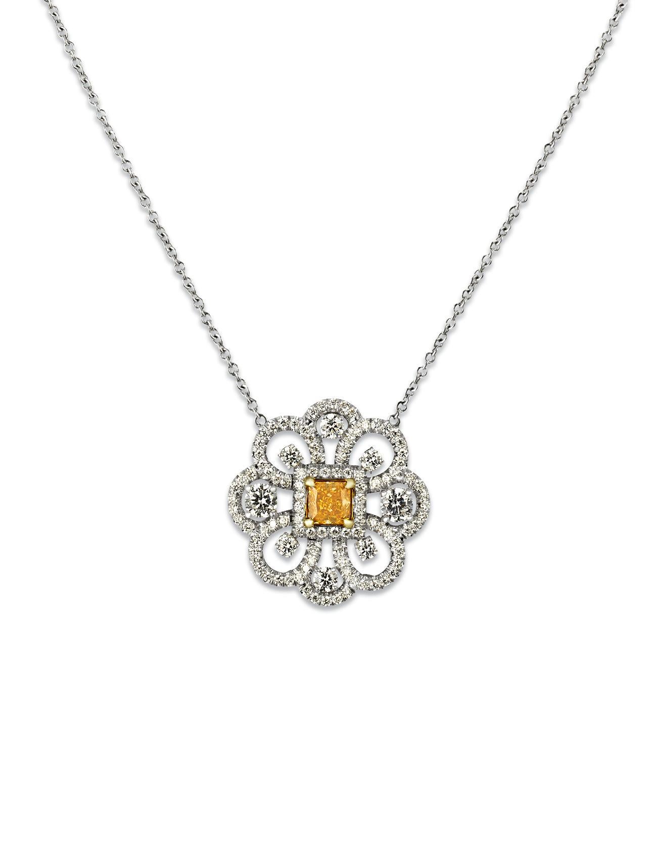 Modern Fancy Vivid Yellowish Orange Diamond Pendant, 0.43 Carat For Sale