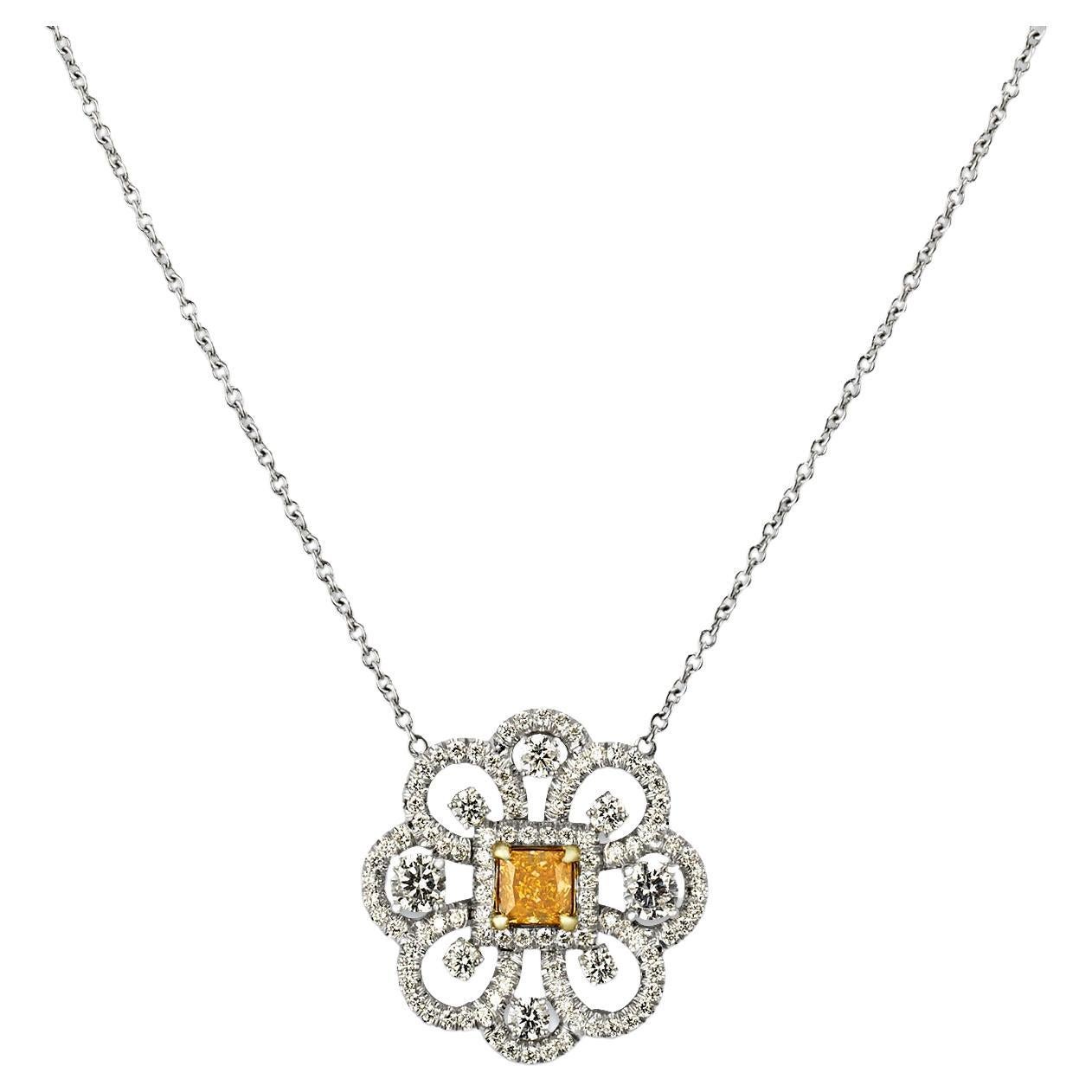 Fancy Vivid Yellowish Orange Diamond Pendant, 0.43 Carat For Sale