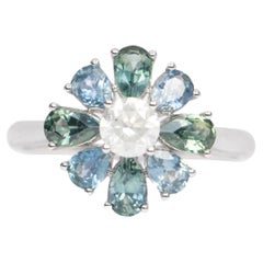 Fancy White Diamond Montana Sapphire Floral Halo 14K White Gold Engagement Ring