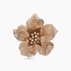 Fancy & White Diamond Pave Set Lilly Flower Floral 18K Rose Gold Ring