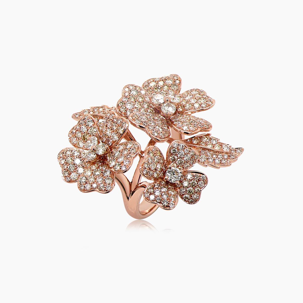 Anillo de oro rosa de 18 quilates con pavé de diamantes blancos y de fantasía Flor de Lilly Corte mixto en venta