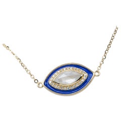 Fancy White Marquise Diamond Bezel Set Blue Enamel Halo 14k Yellow Gold Pendant