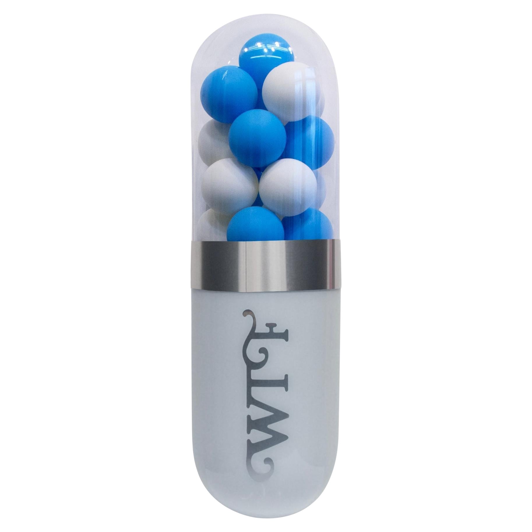 "Fancy! WTF (His)" - Blue & White Glass Pill Wall Sculpture by Edie Nadelhaft