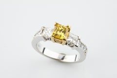 Fancy Yellow 1.30 carat Princess Cut Diamond 3 Stone 18k Gold Engagement Ring