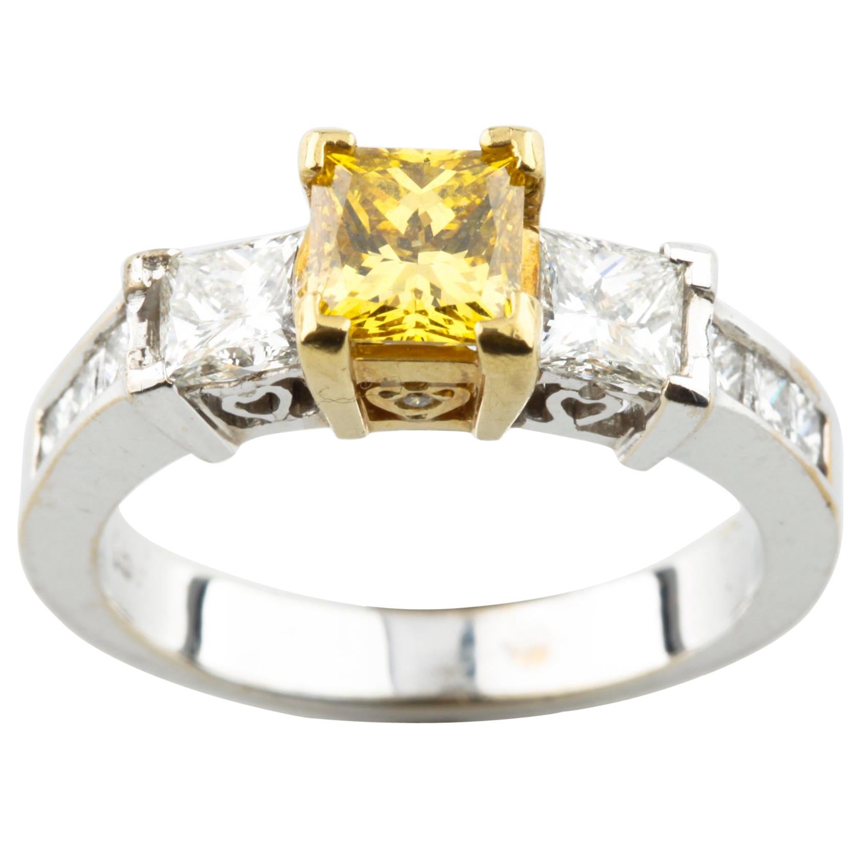 Fancy Yellow 1.30 carat Princess Cut Diamond 3 Stone 18k Gold Engagement Ring