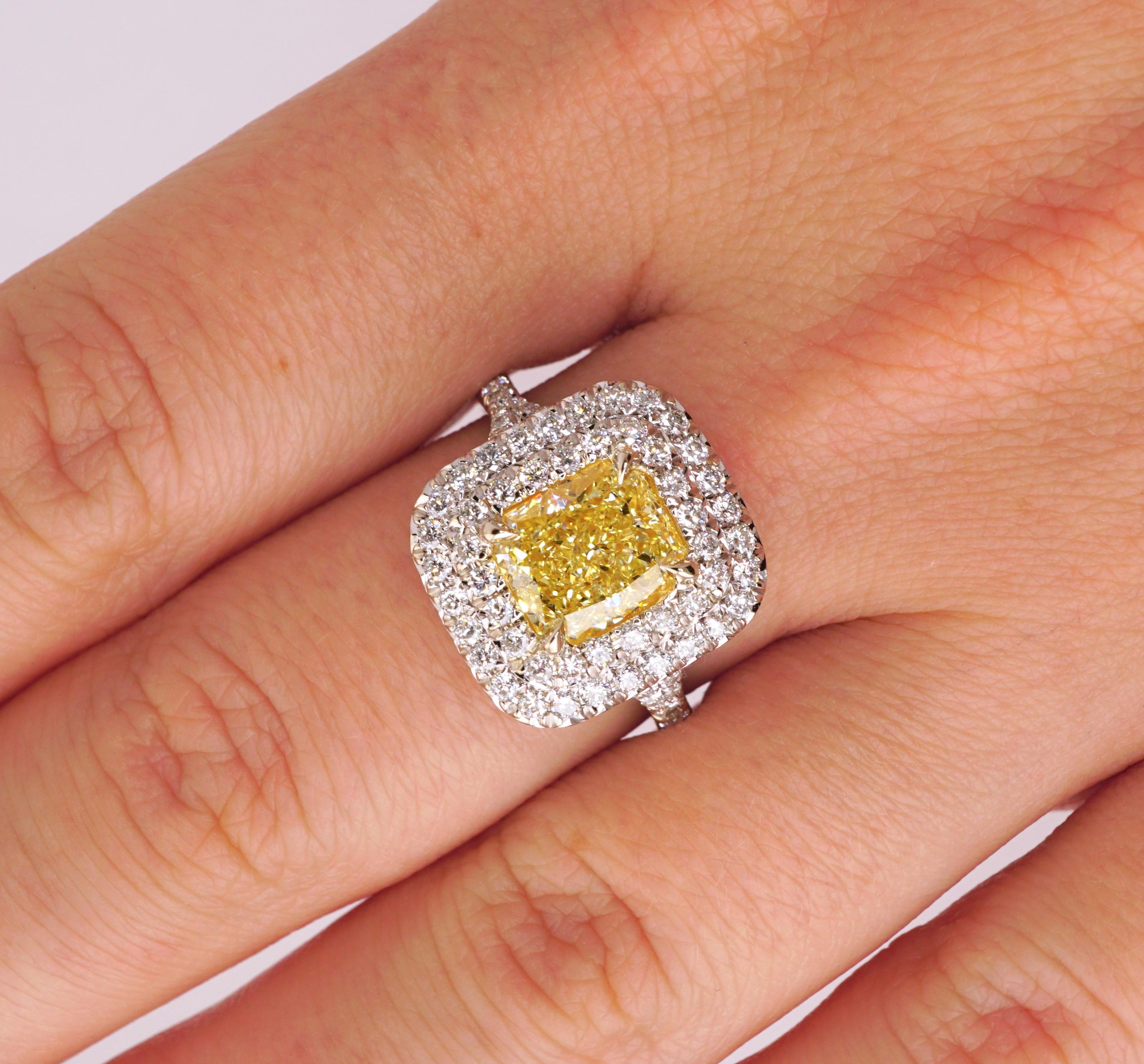 Cushion Cut GIA Certified Fancy Yellow 2.03 Carat Diamond Engagement Ring