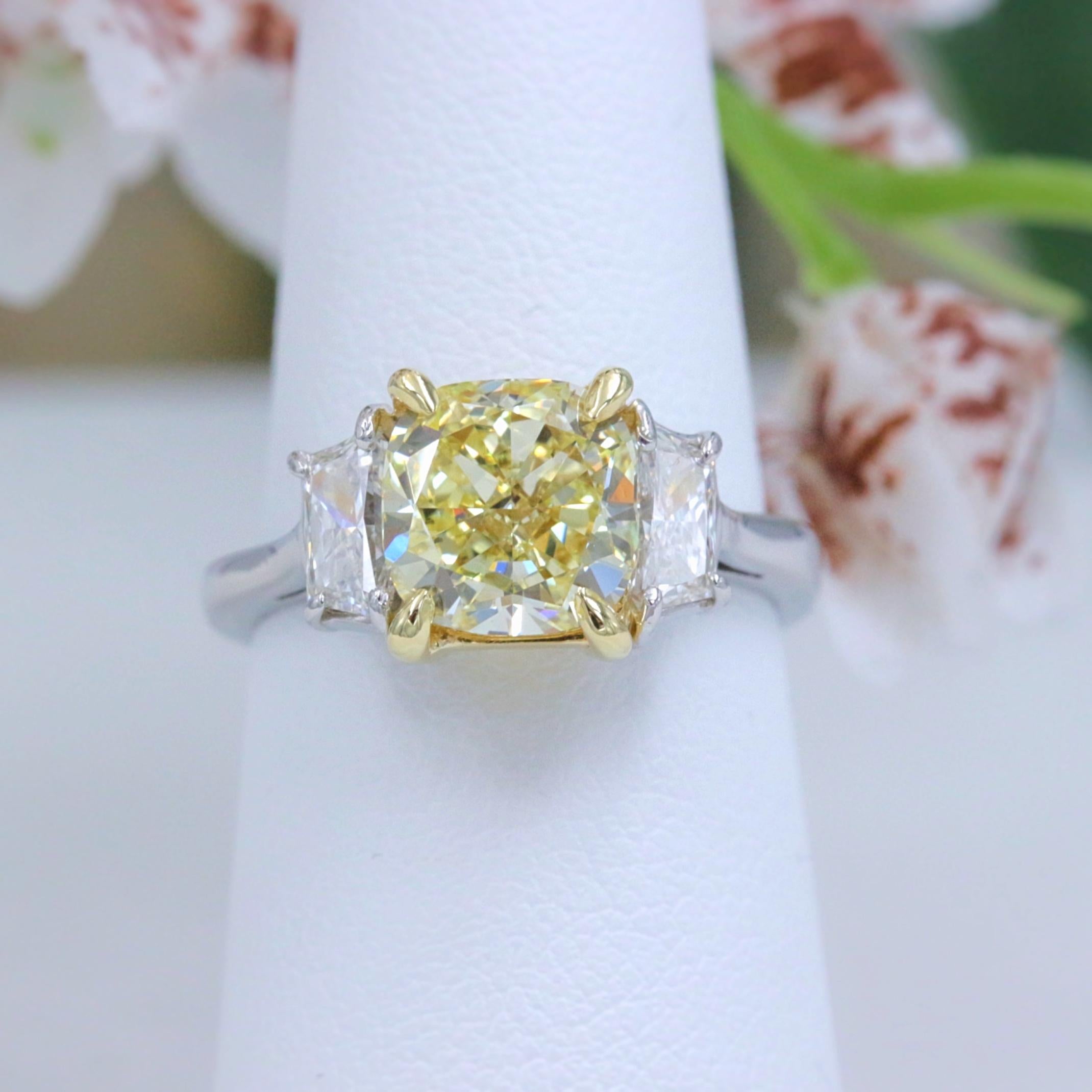 Fancy Yellow 2.75 tcw Cushion Diamond 3 Stone Engagement Ring GIA Plat & 18k YG 4