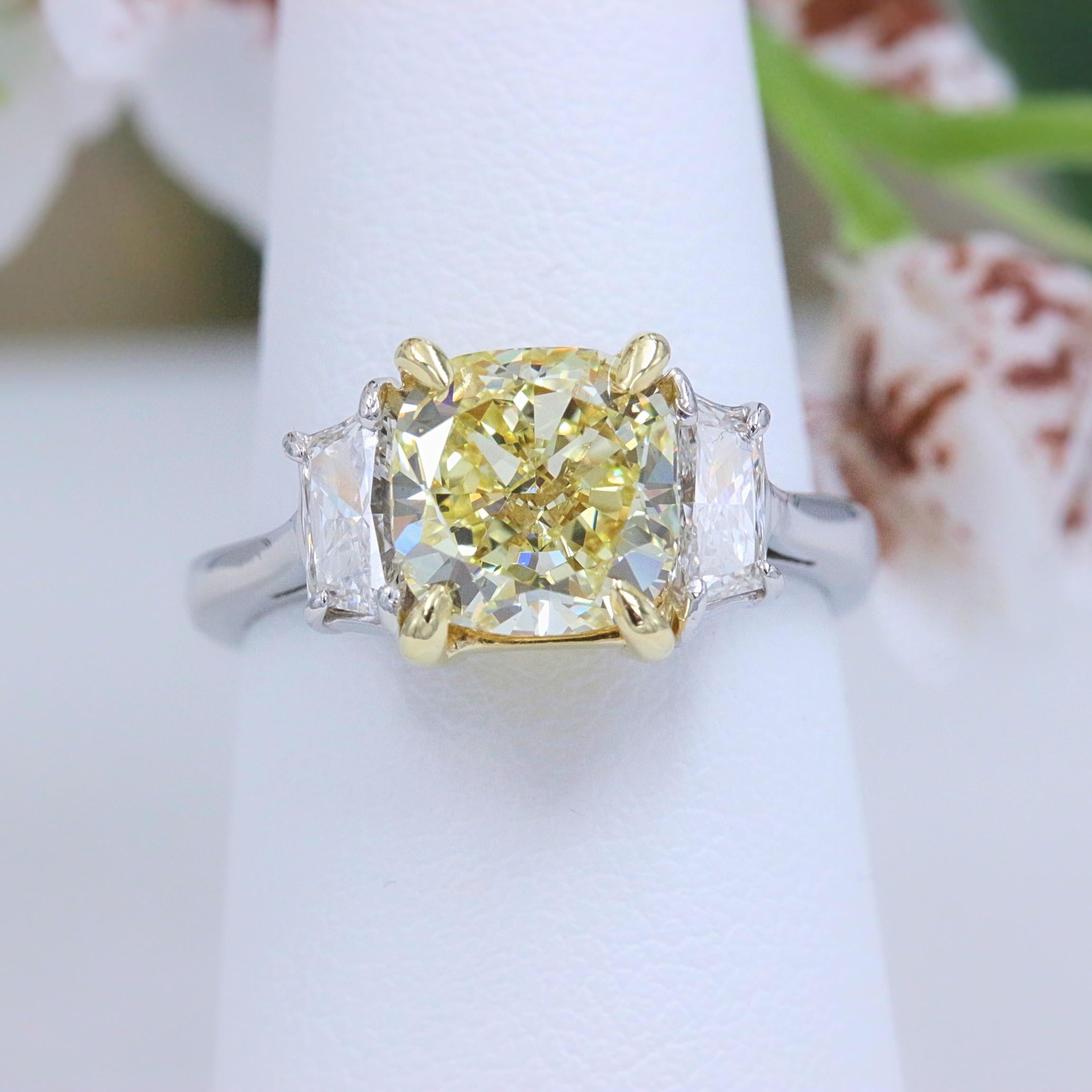 Fancy Yellow 2.75 tcw Cushion Diamond 3 Stone Engagement Ring GIA Plat & 18k YG 5