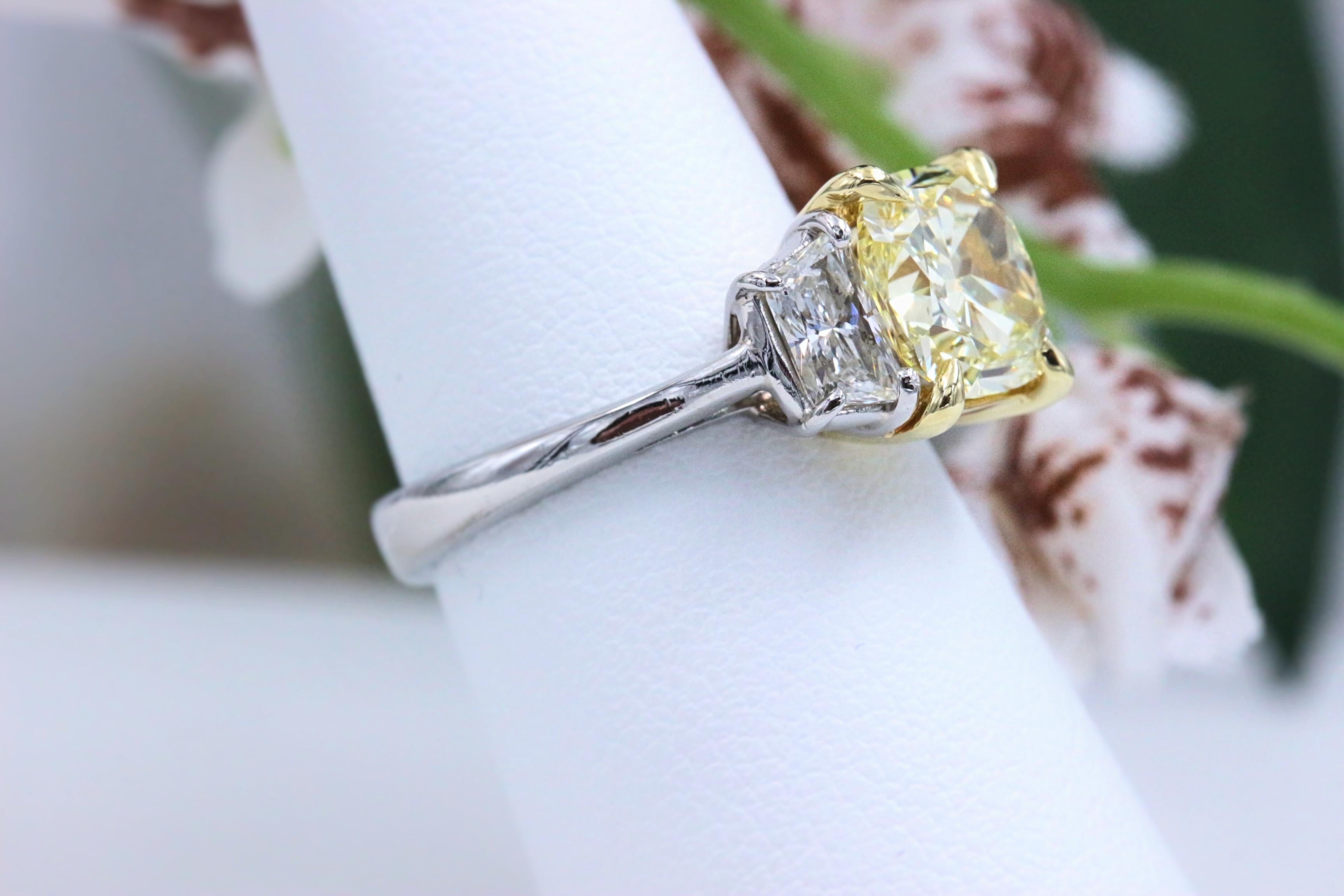 Fancy Yellow 2.75 tcw Cushion Diamond 3 Stone Engagement Ring GIA Plat & 18k YG 6