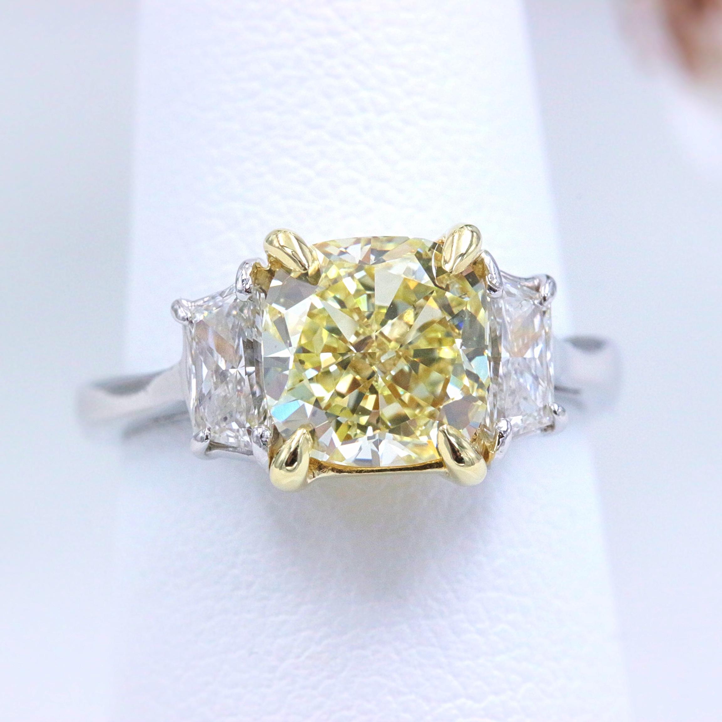 Fancy Yellow 2.75 tcw Cushion Diamond 3 Stone Engagement Ring GIA Plat & 18k YG 7