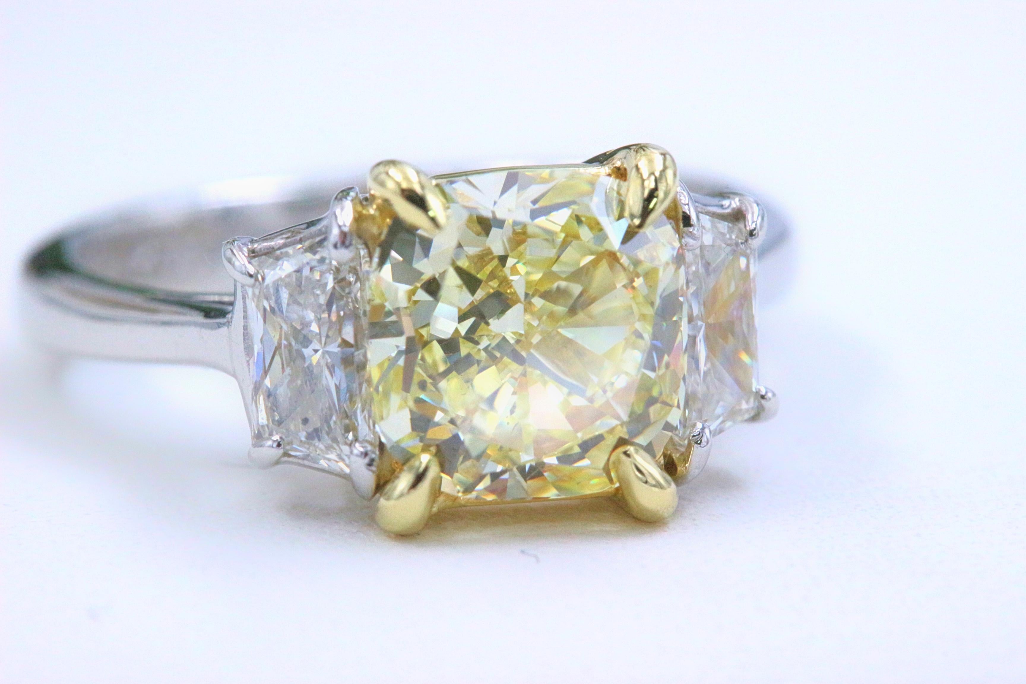 Fancy Yellow 2.75 tcw Cushion Diamond 3 Stone Engagement Ring GIA Plat & 18k YG 8