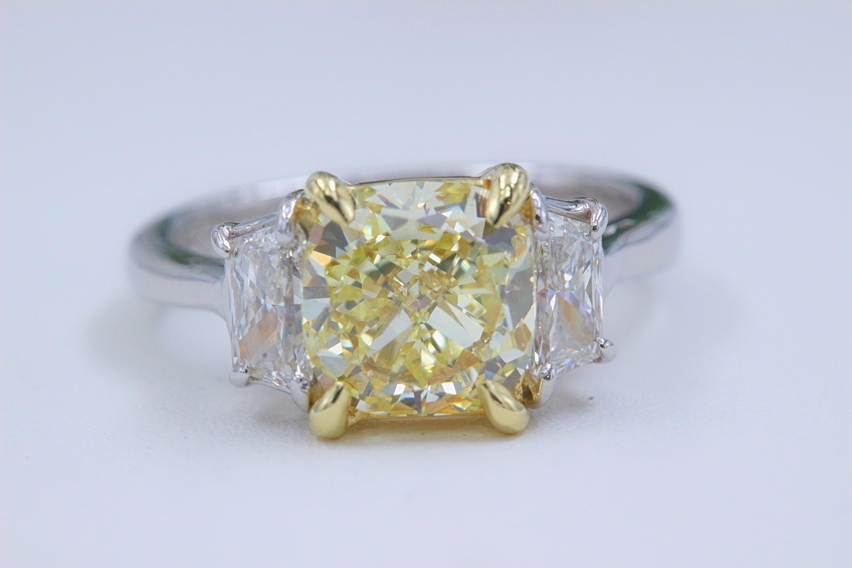 Women's Fancy Yellow 2.75 tcw Cushion Diamond 3 Stone Engagement Ring GIA Plat & 18k YG