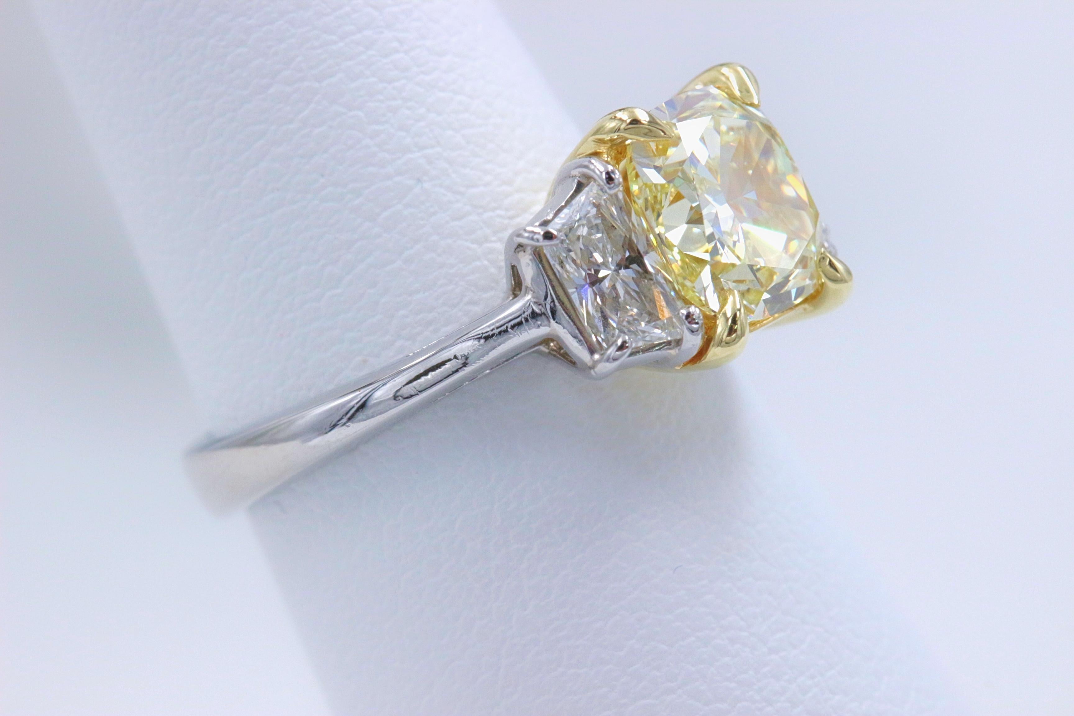 Fancy Yellow 2.75 tcw Cushion Diamond 3 Stone Engagement Ring GIA Plat & 18k YG 1