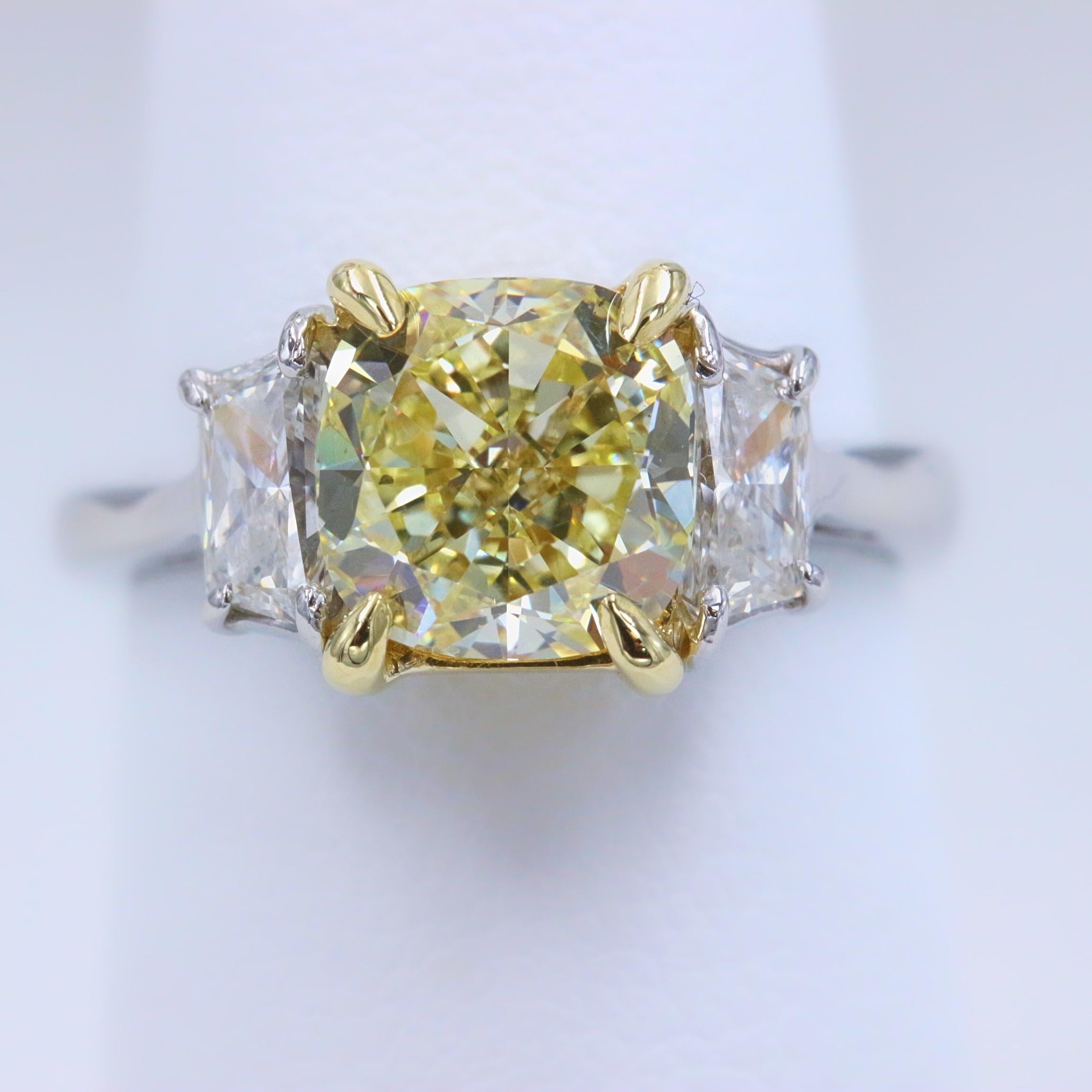 Fancy Yellow 2.75 tcw Cushion Diamond 3 Stone Engagement Ring GIA Plat & 18k YG 3
