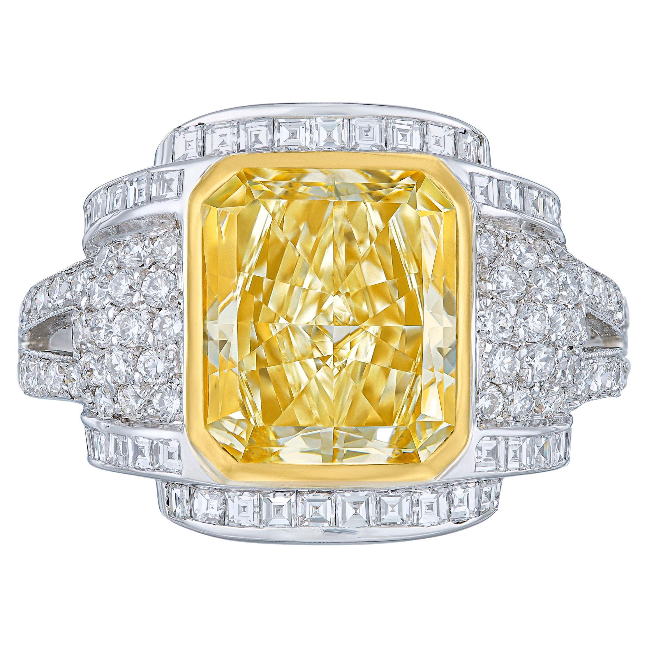 Art Deco Fancy Yellow 3.87 Ct Certified Diamond Cocktail Ring in Platinum For Sale