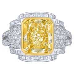 Art Deco Fancy Yellow 3.87 Ct Certified Diamond Cocktail Ring in Platinum
