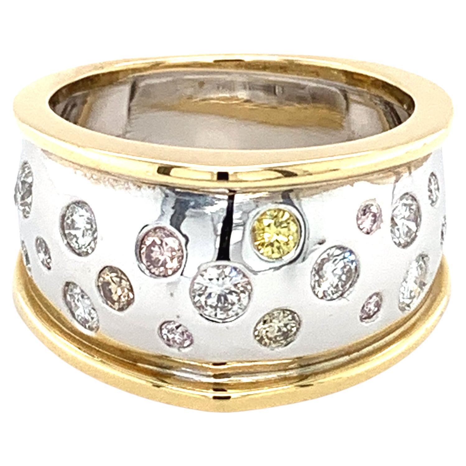 Fancy yellow and pink diamonds large art deco cocktail ring 18k white gold For Sale