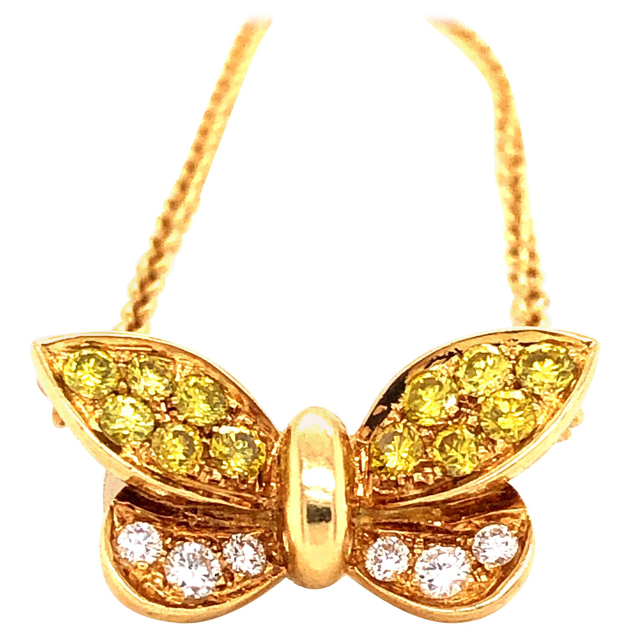 Fancy Yellow and White Diamond Butterfly Necklace 18 Karat Gold 1.01 Carat