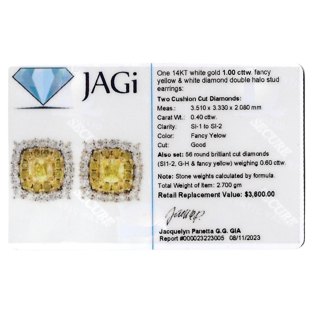 Fancy Yellow and White Diamond Double Halo Squared 14 Karat Gold Stud Earrings For Sale 4