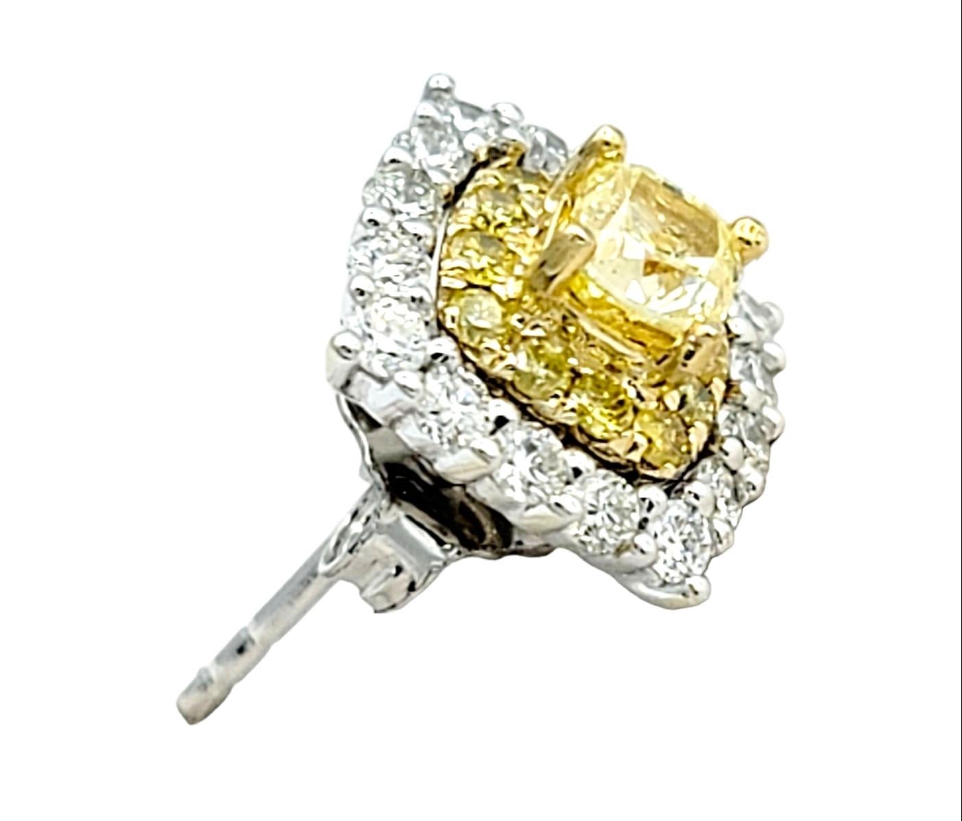 Contemporary Fancy Yellow and White Diamond Double Halo Squared 14 Karat Gold Stud Earrings For Sale