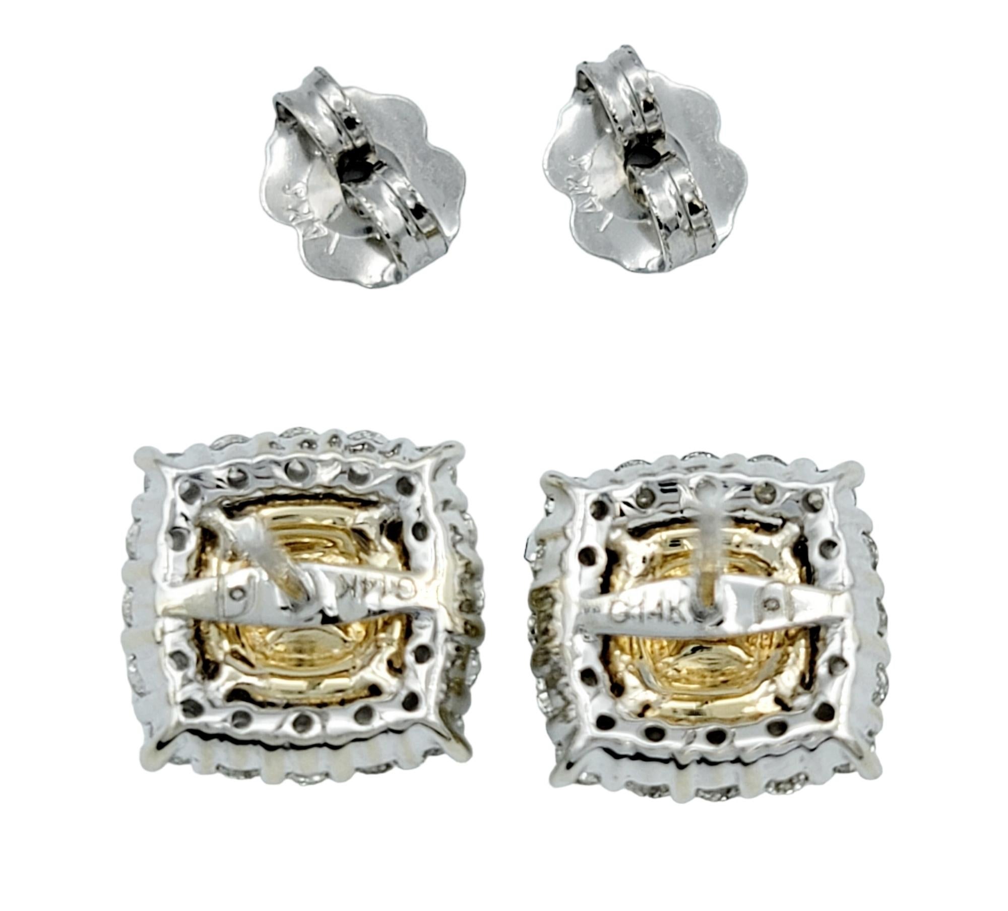 Fancy Yellow and White Diamond Double Halo Squared 14 Karat Gold Stud Earrings In Good Condition For Sale In Scottsdale, AZ