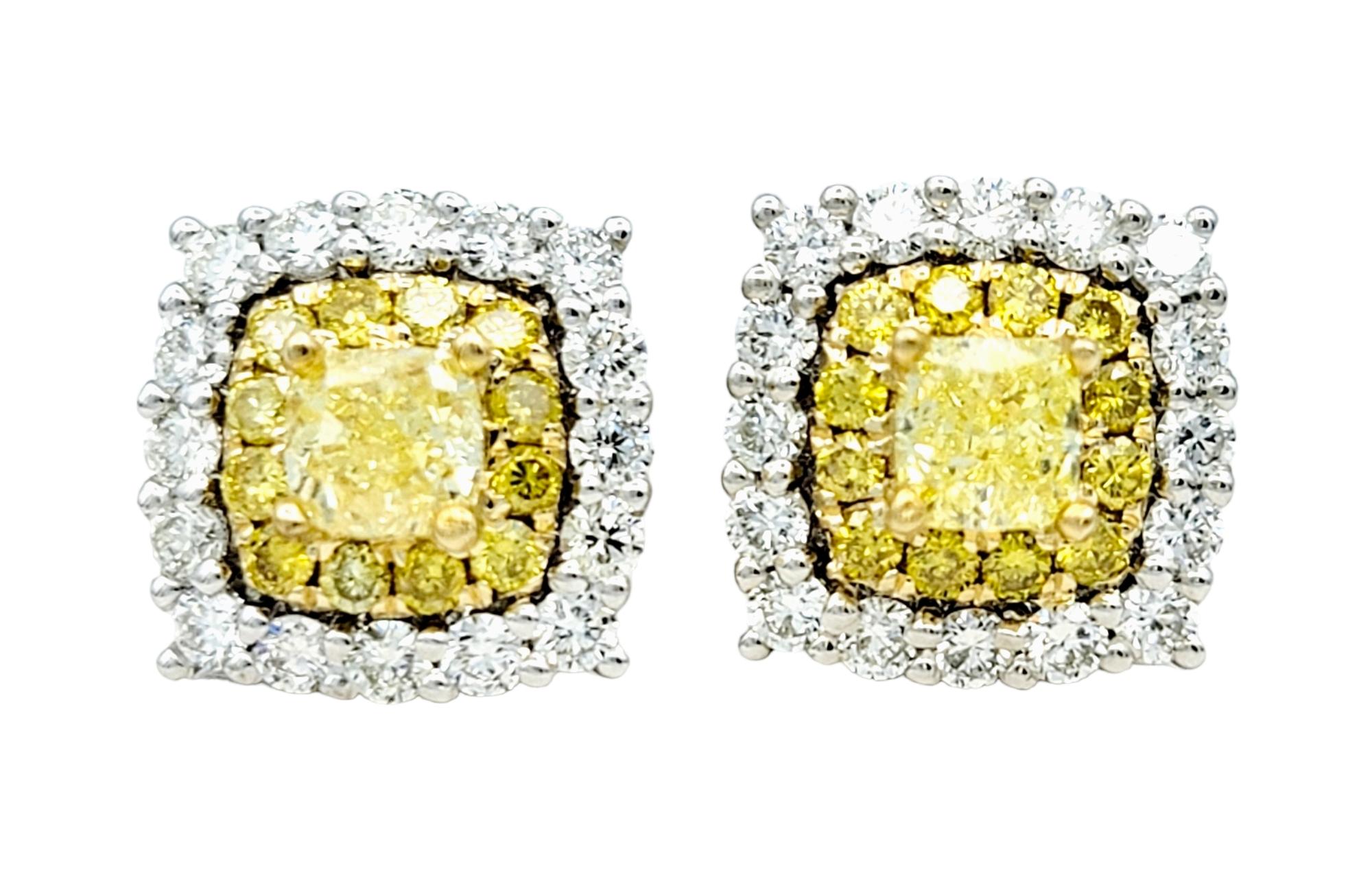 Fancy Yellow and White Diamond Double Halo Squared 14 Karat Gold Stud Earrings For Sale 1