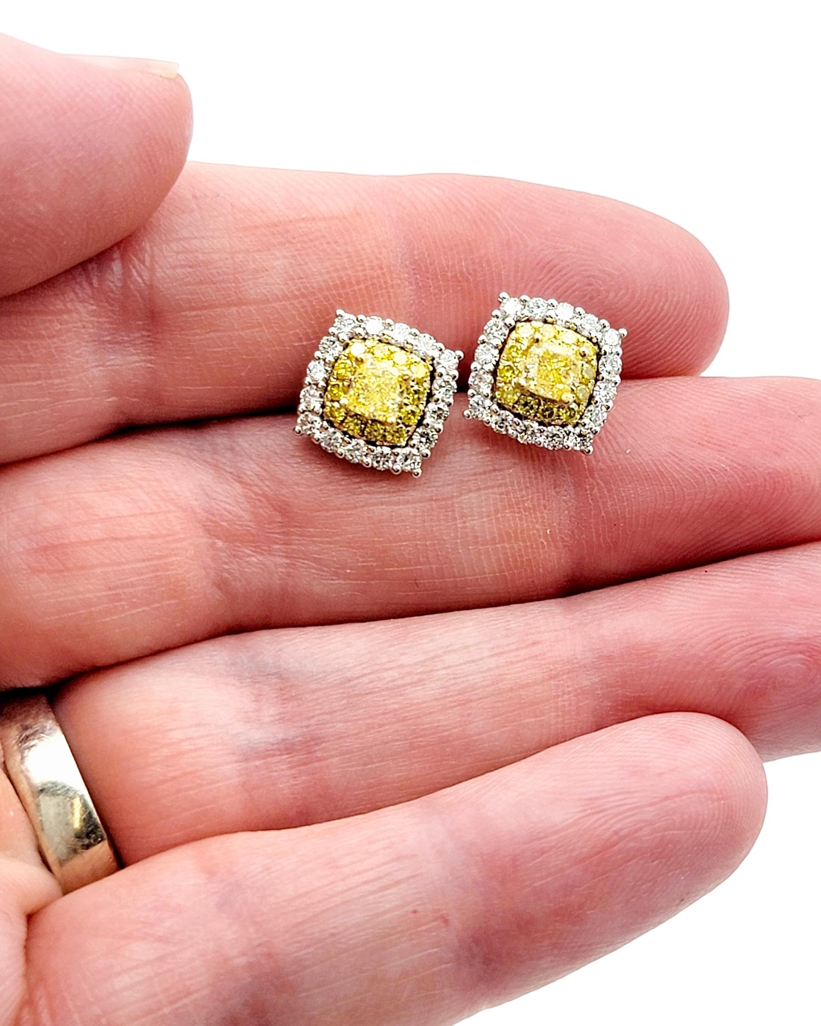 Fancy Yellow and White Diamond Double Halo Squared 14 Karat Gold Stud Earrings For Sale 2