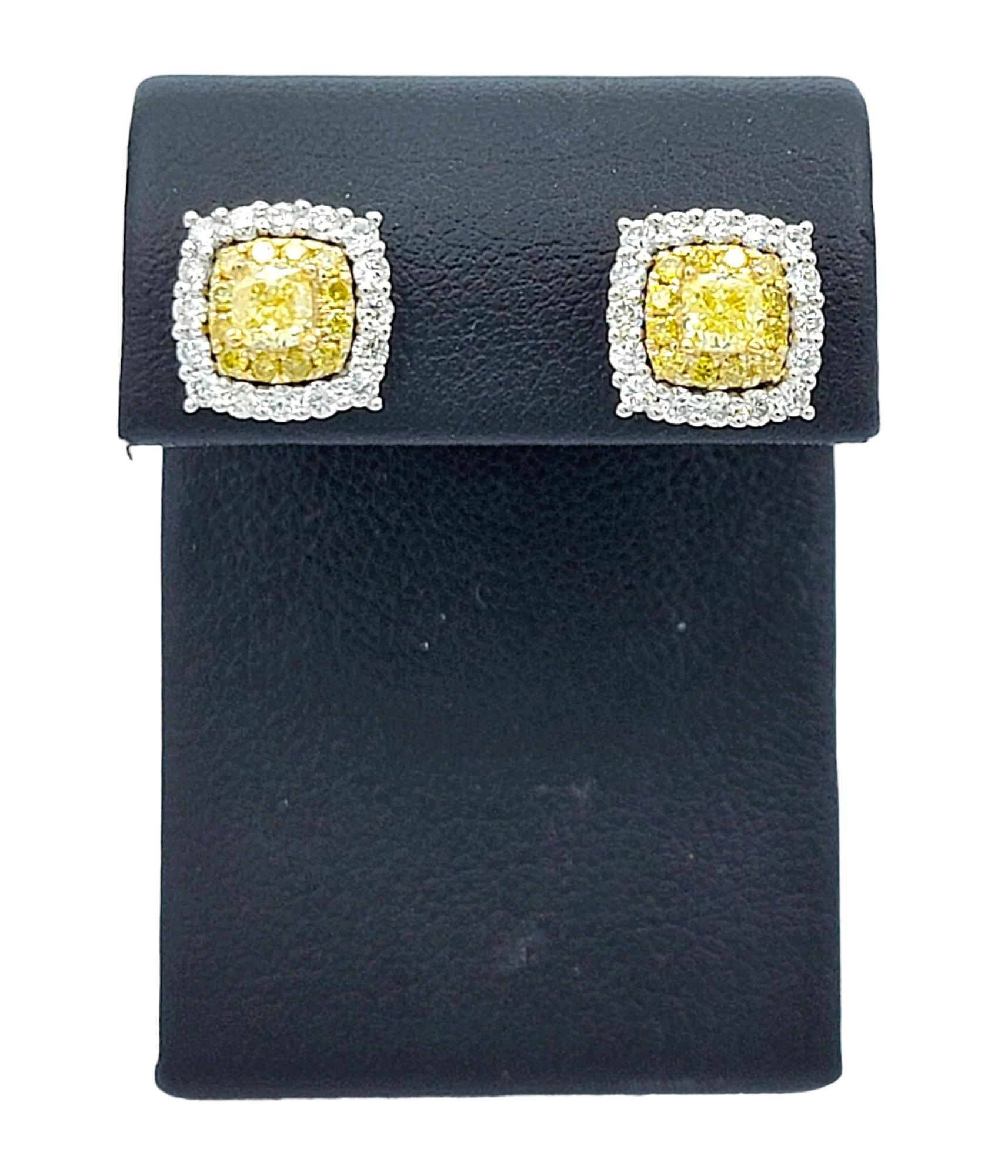 Fancy Yellow and White Diamond Double Halo Squared 14 Karat Gold Stud Earrings For Sale 3