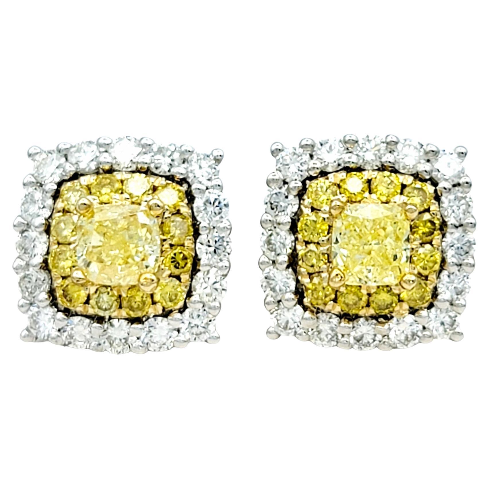 Fancy Yellow and White Diamond Double Halo Squared 14 Karat Gold Stud Earrings