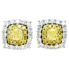 Clous d'oreilles carrés fantaisie en or 14 carats avec double halo de diamants jaunes et blancs