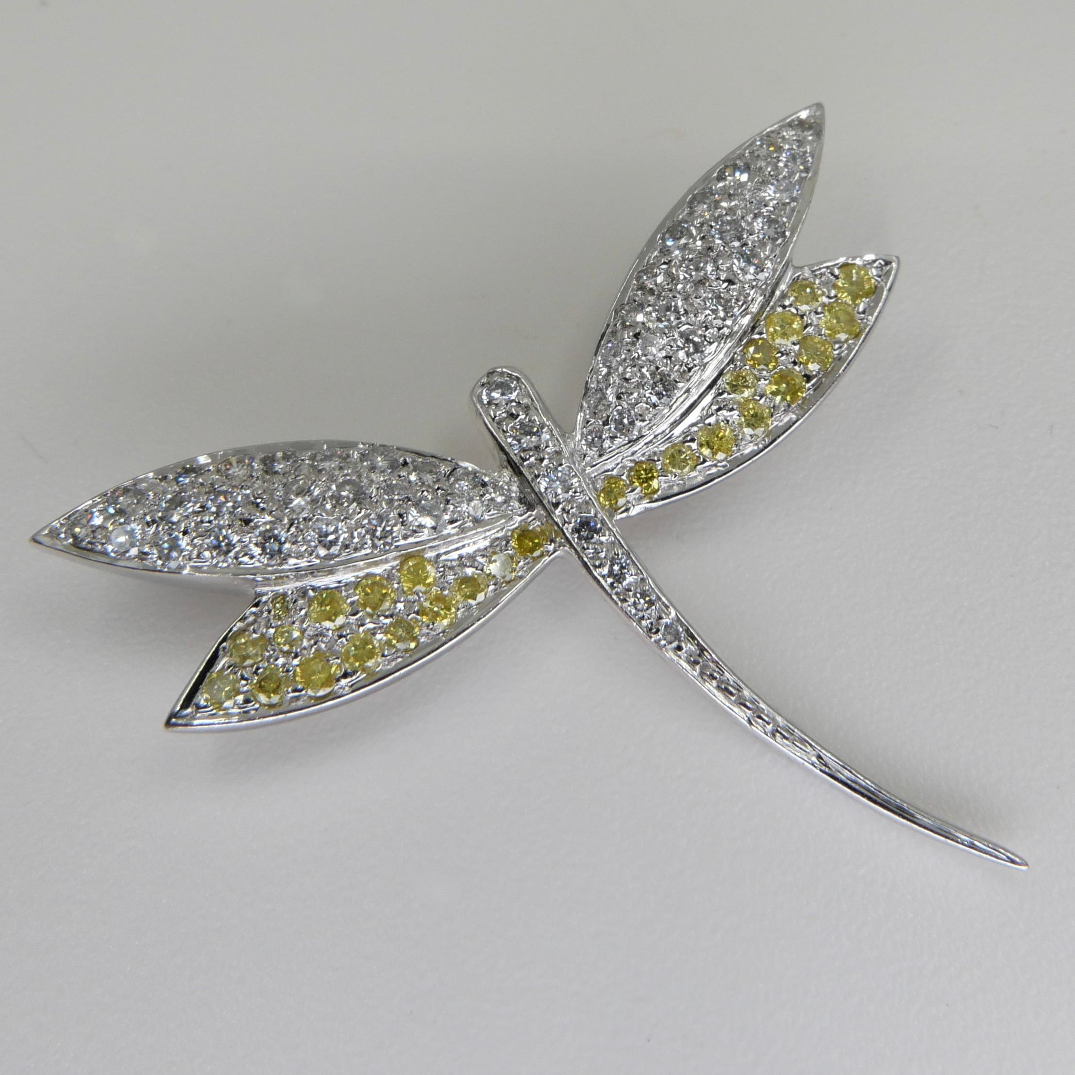 Fancy Yellow and White Diamond Dragonfly Brooch For Sale 5