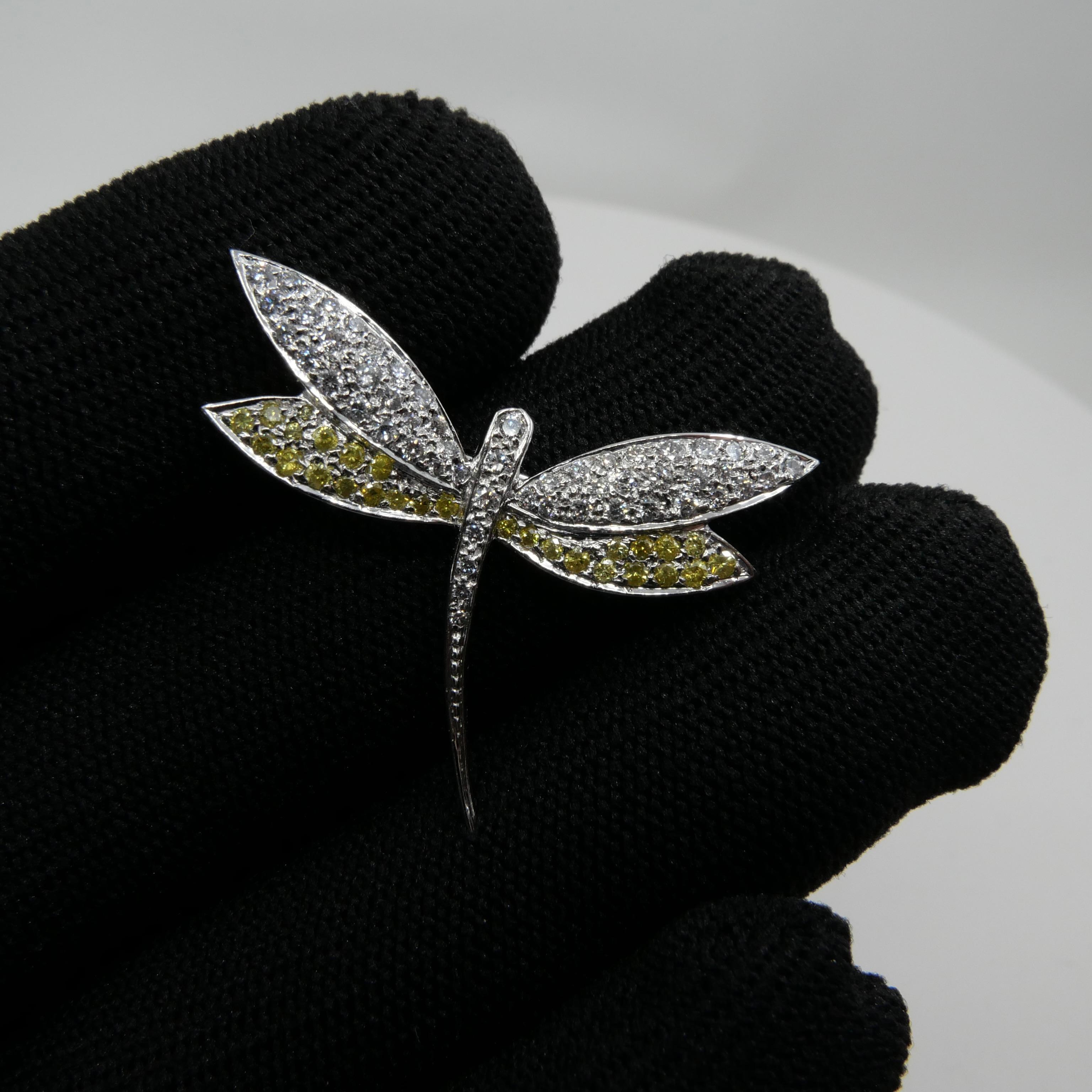 Fancy Yellow and White Diamond Dragonfly Brooch For Sale 9