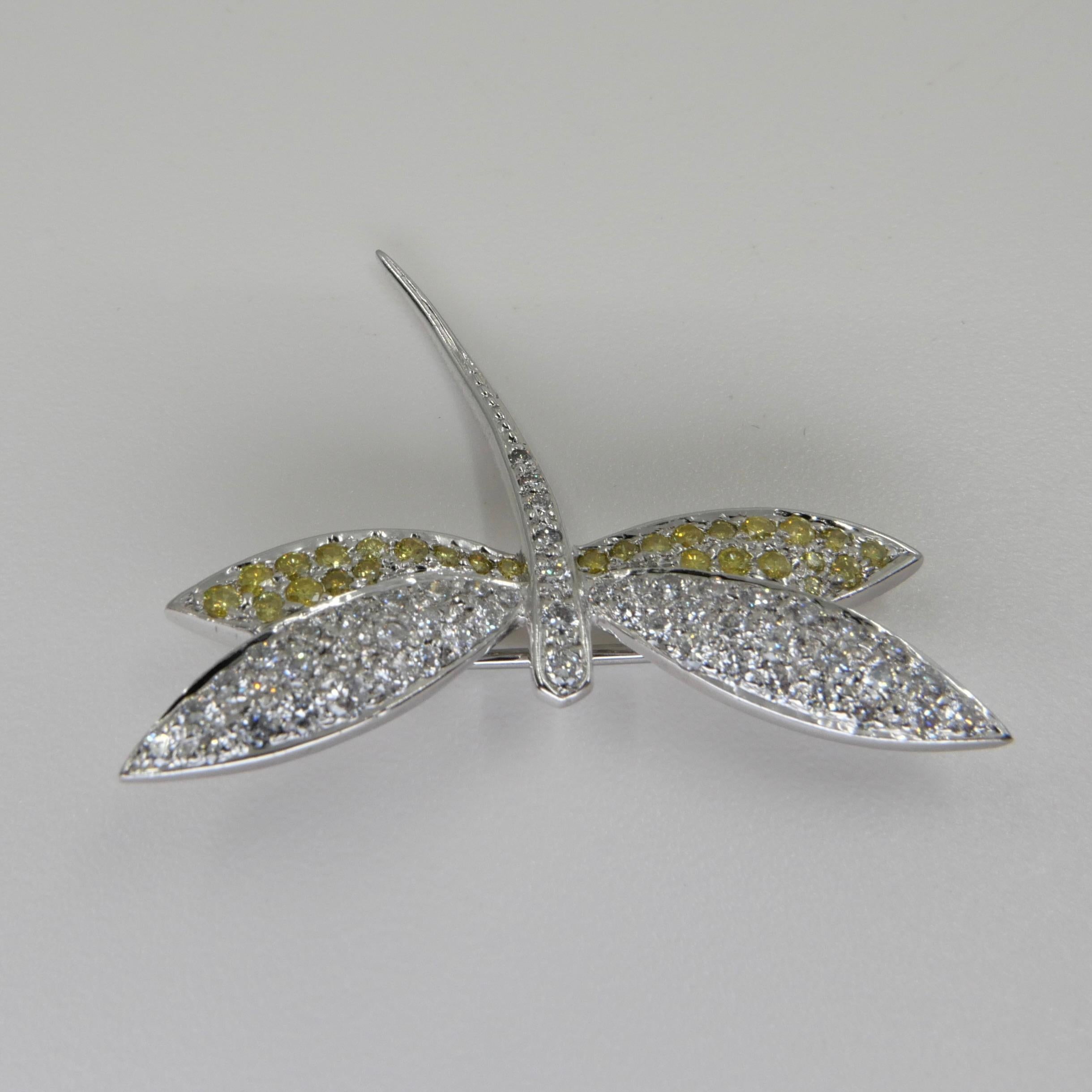 Fancy Yellow and White Diamond Dragonfly Brooch For Sale 11
