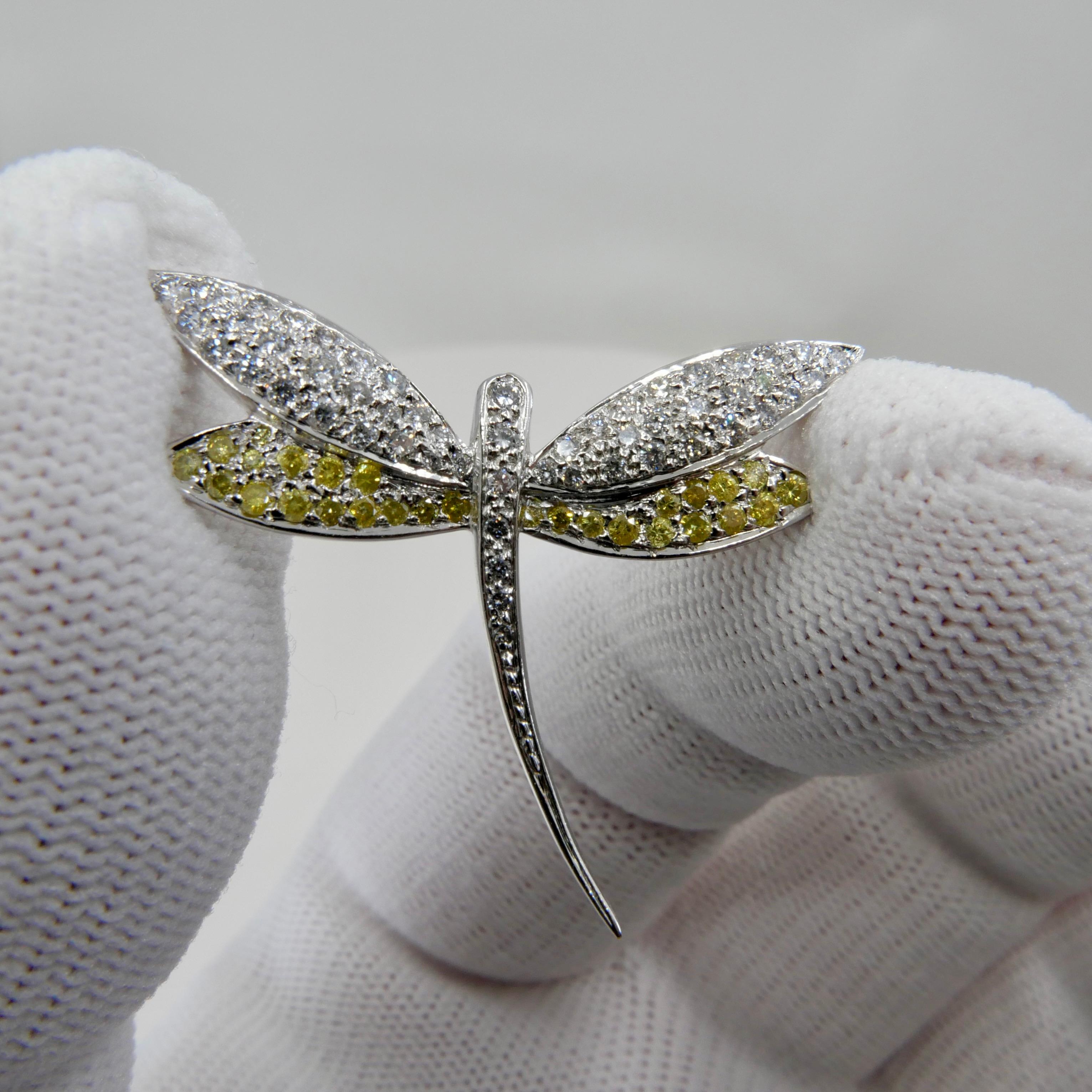 Round Cut Fancy Yellow and White Diamond Dragonfly Brooch For Sale
