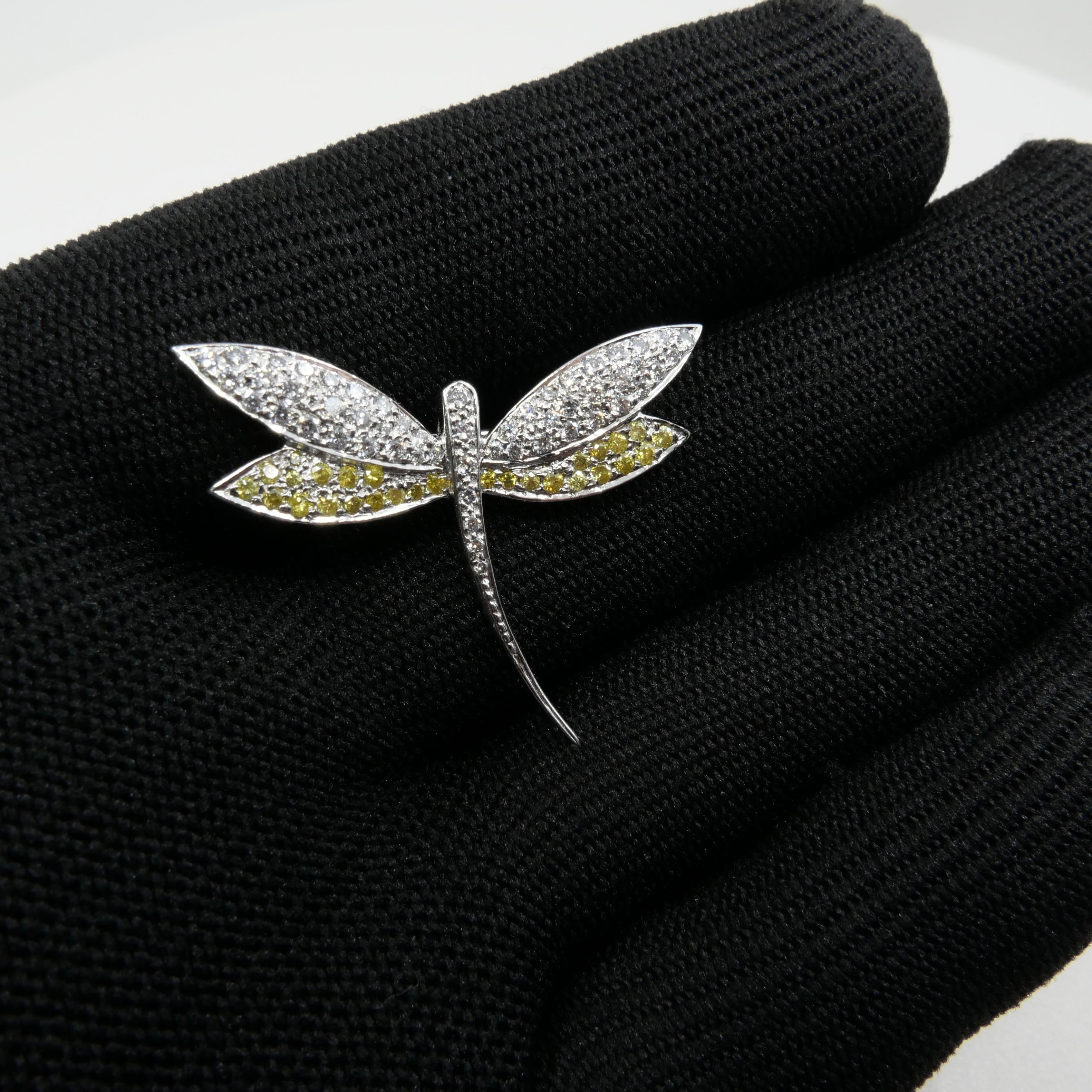 Women's Fancy Yellow and White Diamond Dragonfly Brooch For Sale