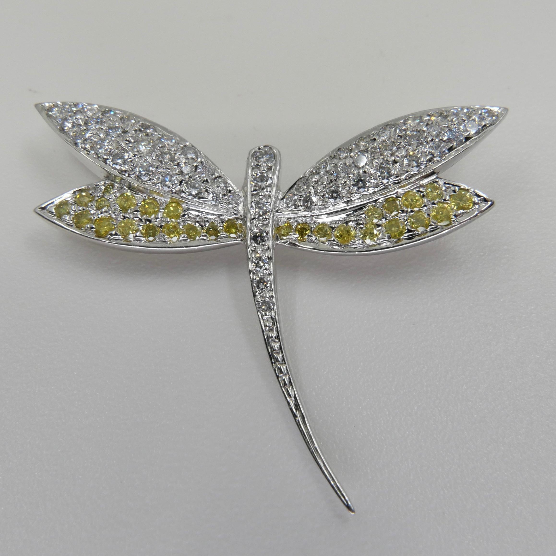 Fancy Yellow and White Diamond Dragonfly Brooch For Sale 1