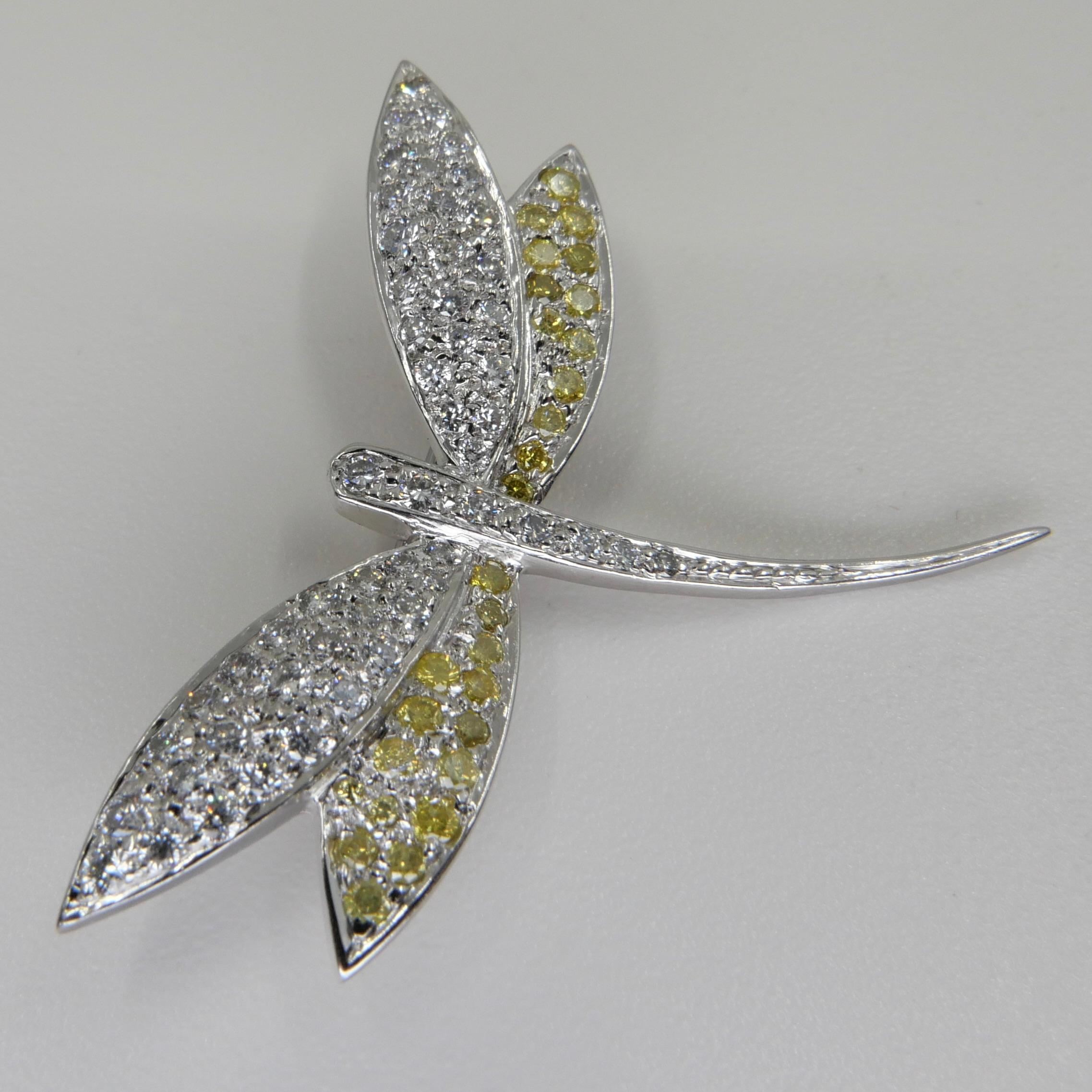Fancy Yellow and White Diamond Dragonfly Brooch For Sale 3