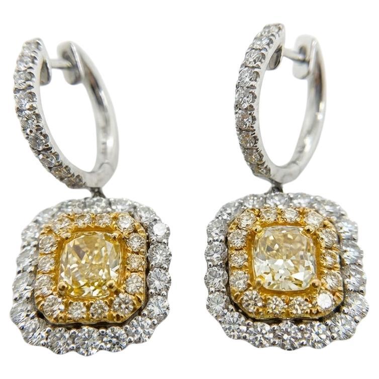 Fancy Yellow and White Diamond Drop Earrings in 18K White Gold