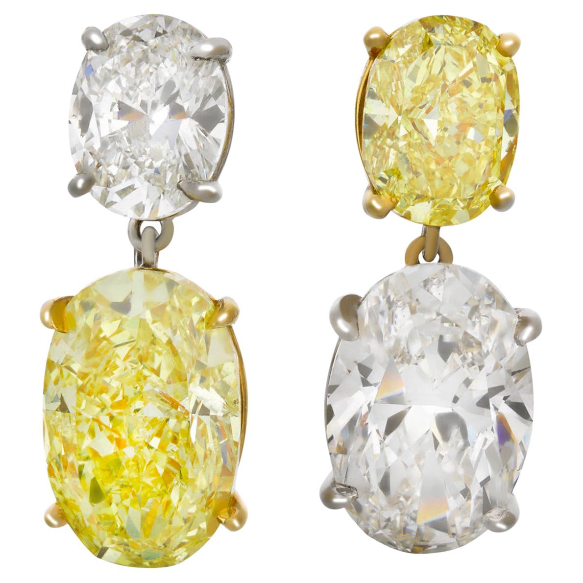 Fancy Yellow and White Diamond Earrings, 6.55 Carats For Sale