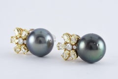 Estate Fancy Yellow and White Diamond Flower and Black Pearl Earrings
