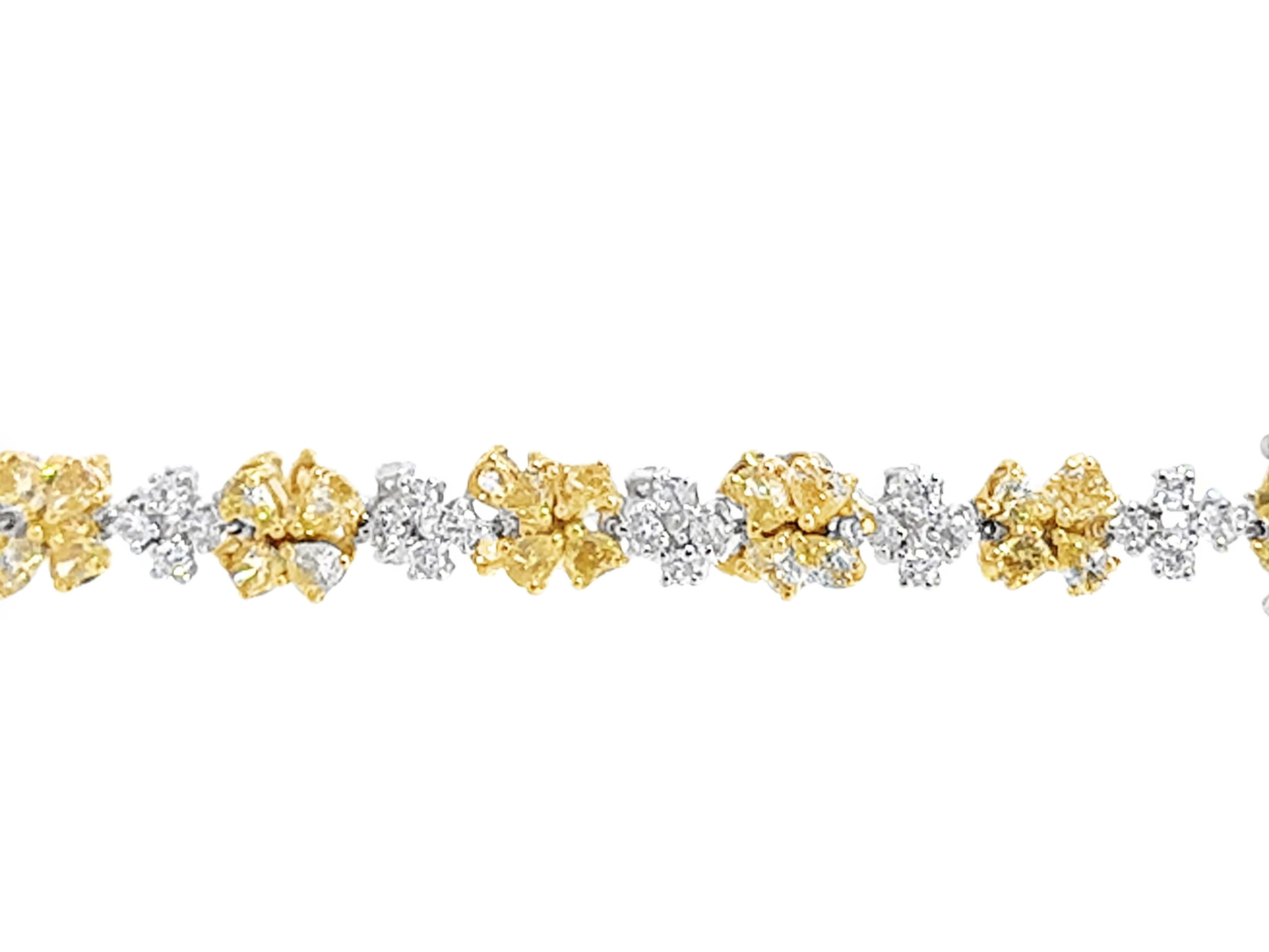 Modern Fancy Yellow and White Diamond Flower Bracelet 18K White Gold For Sale
