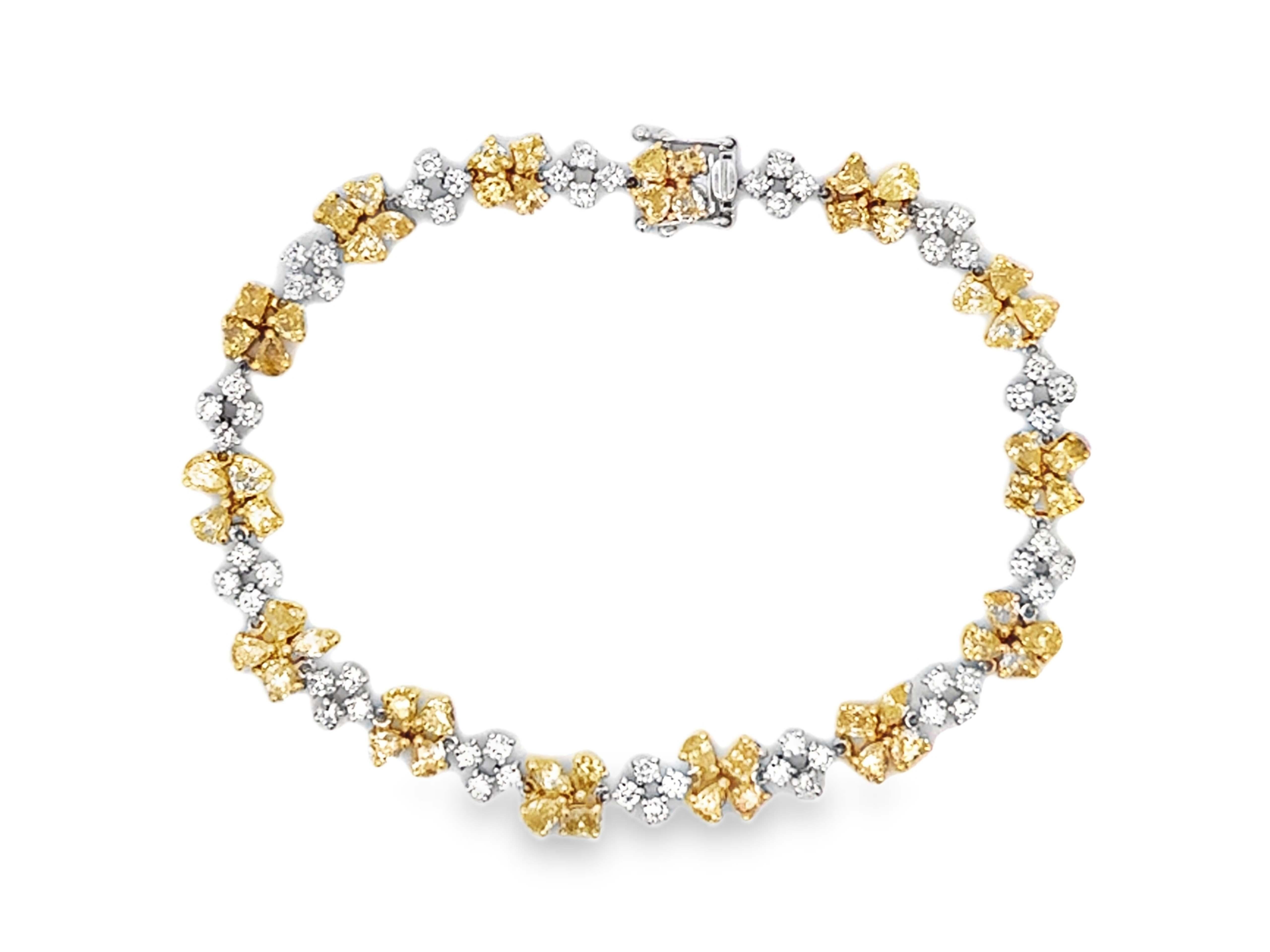 Brilliant Cut Fancy Yellow and White Diamond Flower Bracelet 18K White Gold For Sale