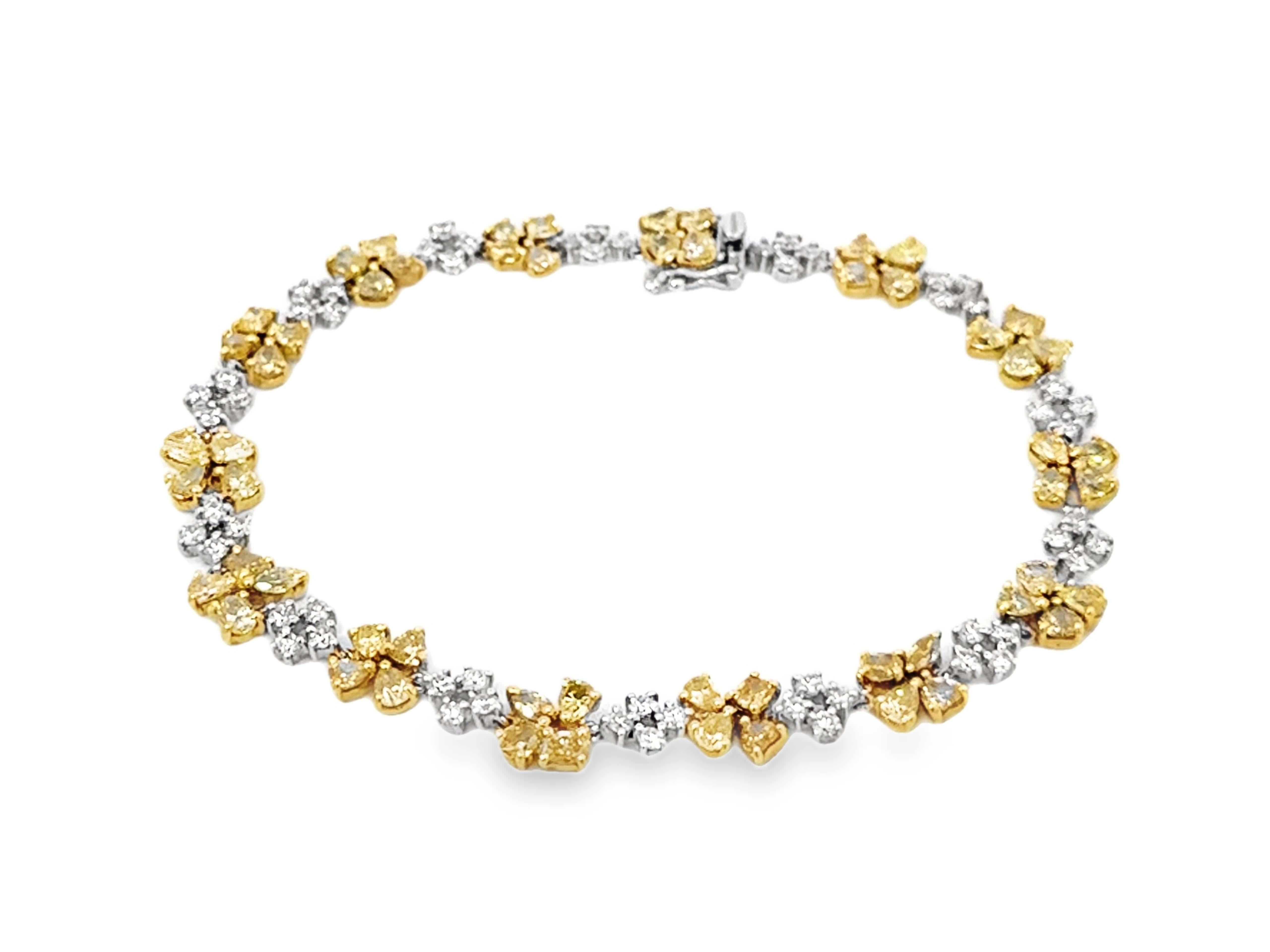 Women's or Men's Fancy Yellow and White Diamond Flower Bracelet 18K White Gold For Sale