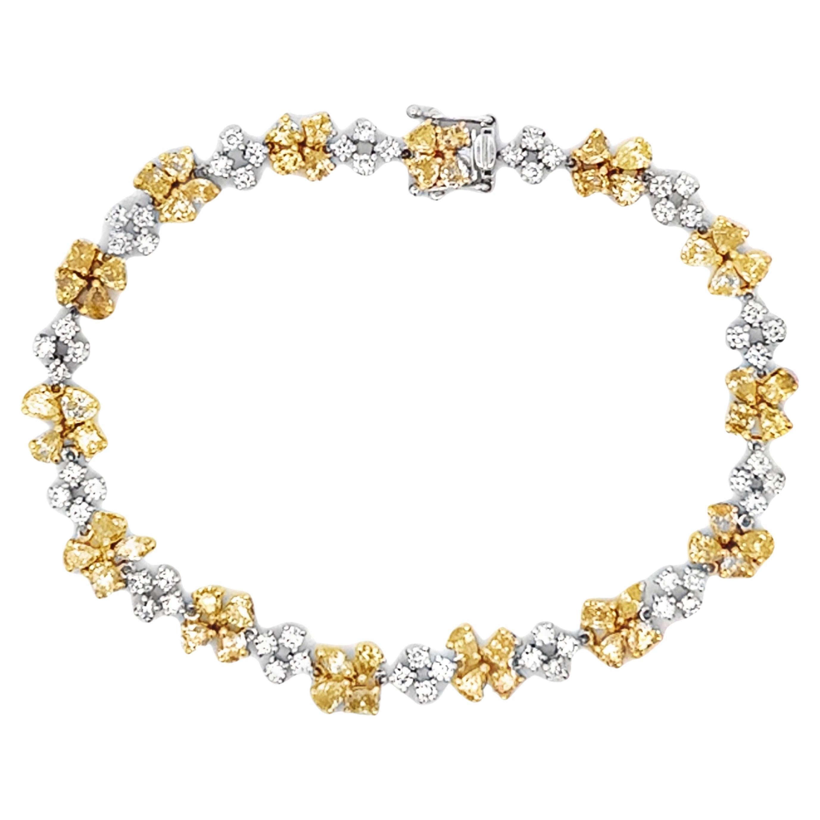 Fancy Yellow and White Diamond Flower Bracelet 18K White Gold