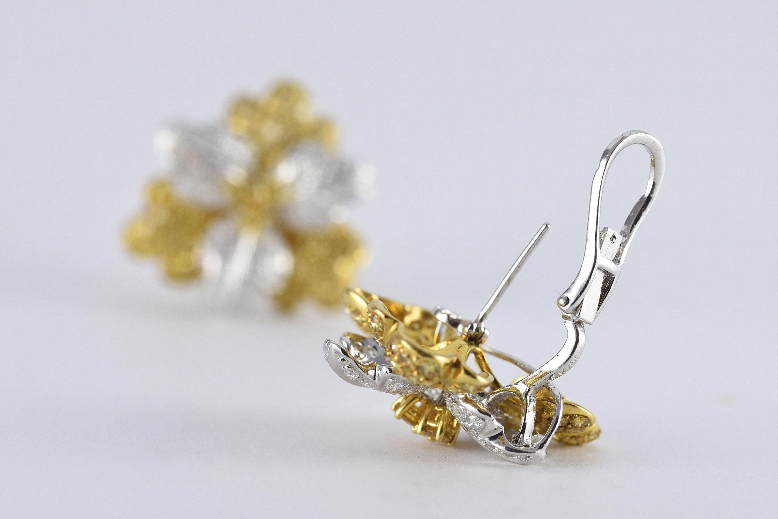 Contemporary Fancy Yellow and White Diamond Flower Ear Clips  For Sale