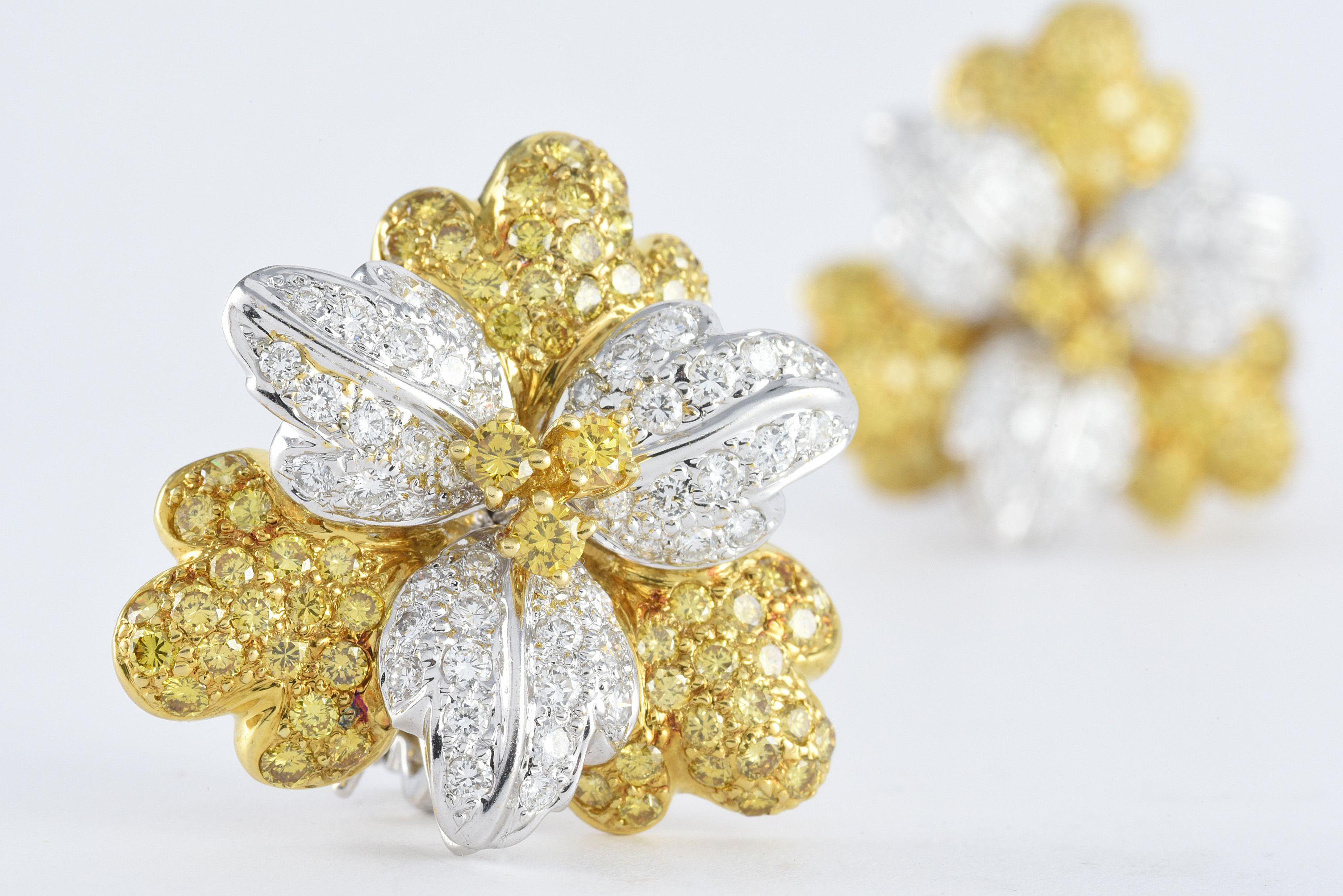 Round Cut Fancy Yellow and White Diamond Flower Ear Clips  For Sale